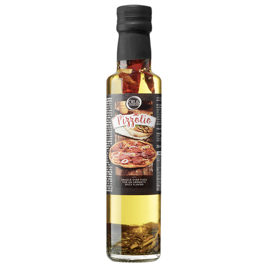 A bottle of Pizzolio extra virgin olive oil with a label showing a pizza and text indicating the product is infused with chilis, oregano, and rosemary.