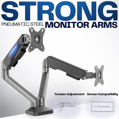 Pneumatic monitor arm with text on a white background