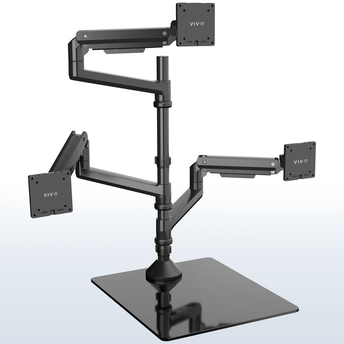 Pneumatic Arm Triple Ultrawide Monitor Extra Tall Desk Stand - Up to 49" Screens on a blue / white gradient background.