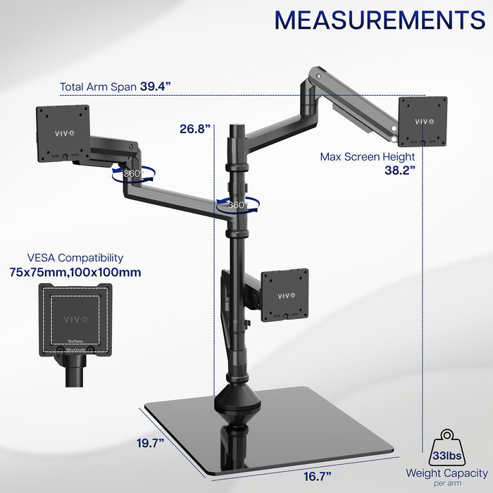Measurements and specifications of a Pneumatic Arm Triple Ultrawide Monitor Extra Tall Desk Stand - Up to 49" Screens