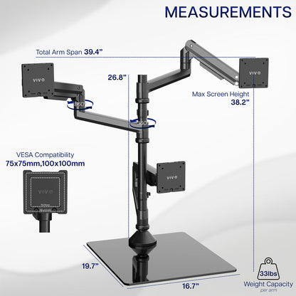 Measurements and specifications of a Pneumatic Arm Triple Ultrawide Monitor Extra Tall Desk Stand - Up to 49" Screens