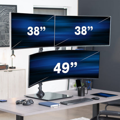 Three computer monitors displaying screen sizes on a desk setup.