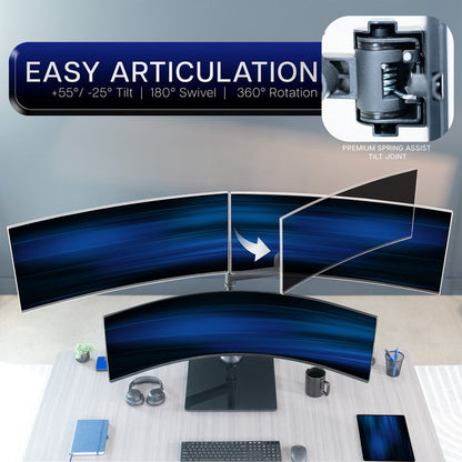 Multiple computer monitors on a desk with articulation features highlighted showcasing the adjustments.