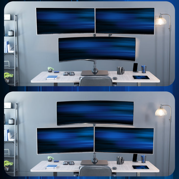 Modern office setup with multiple computer monitor arrangements on a desk.