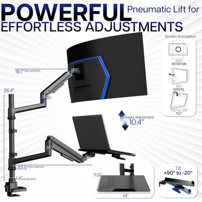 Laptop computer monitor stand with adjustable arms and screen articulation features on a white background.