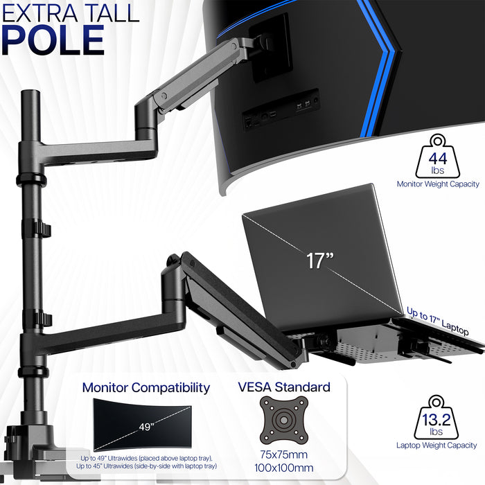 Monitor and laptop stand with adjustable arms on a white background