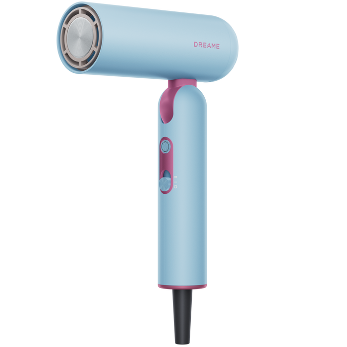 Blue hair dryer with pink accents on a white background