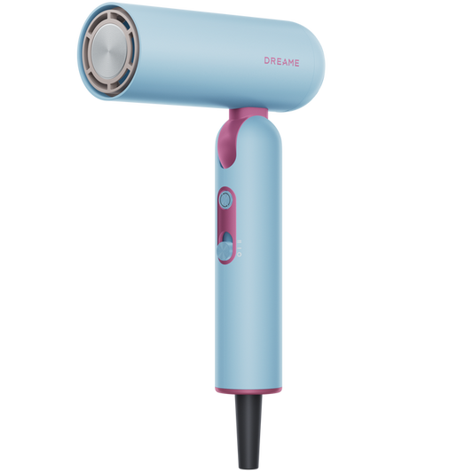 Blue hair dryer with pink accents on a white background