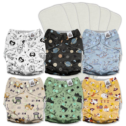 POCKET DIAPER 3.0 WITH INSERTS - 6 PACK(A-Dinosaurs and Farm)