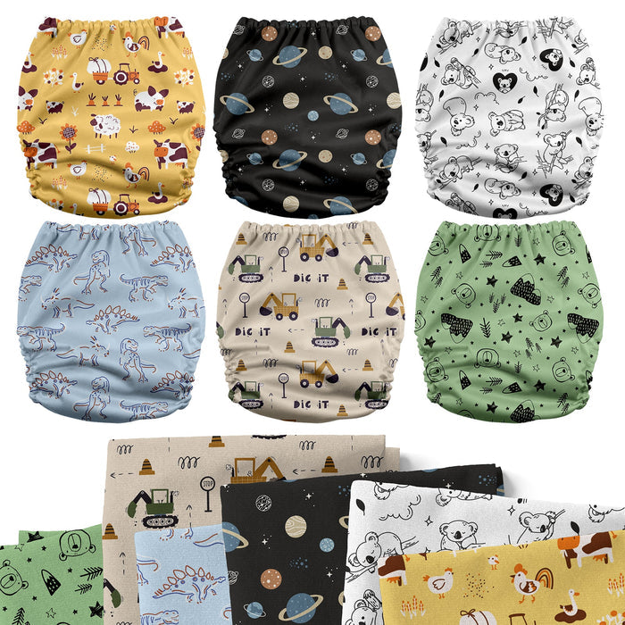 POCKET DIAPER 3.0 WITH INSERTS - 6 PACK(A-Dinosaurs and Farm)