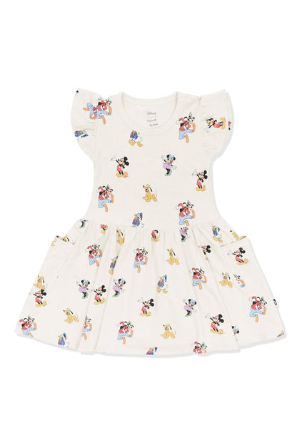 Pocket Dress with Mickey Mouse and Friends print on an oat background
