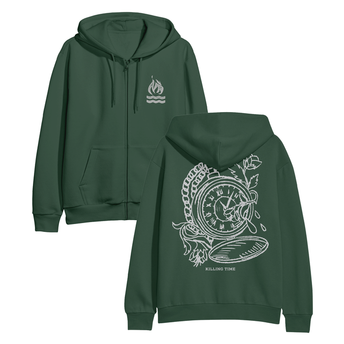A render of the front and back of an alpine green pullover hoodie over a white background. The back design is a pocket watch. There are roses blooming out of the watch and drops of blood are coming from the stems. The whole watch design is in white. The front of the hoodie has the Hot Water Music logo printed on the right side in grey.