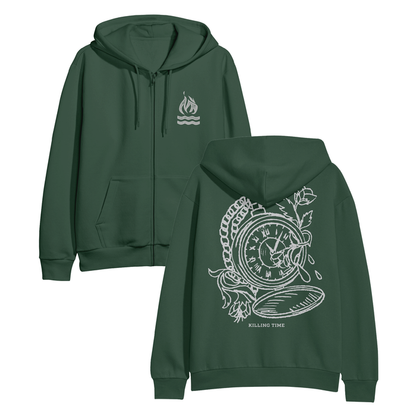 A render of the front and back of an alpine green pullover hoodie over a white background. The back design is a pocket watch. There are roses blooming out of the watch and drops of blood are coming from the stems. The whole watch design is in white. The front of the hoodie has the Hot Water Music logo printed on the right side in grey.
