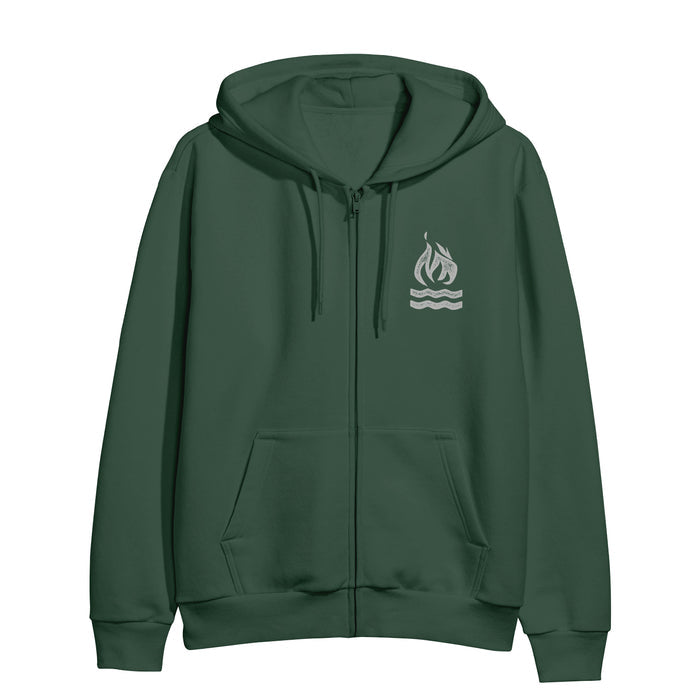 Green zip-up hoodie with a fire symbol and 2 bold wavy lines below it printed on upper right side in a gray color.