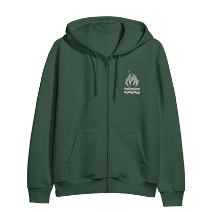 Green zip-up hoodie with a fire symbol and 2 bold wavy lines below it printed on upper right side in a gray color.