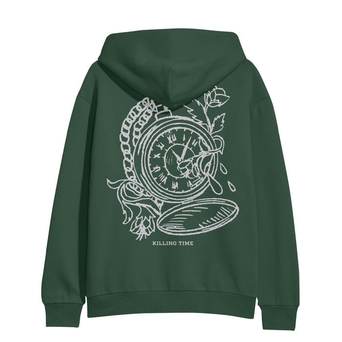 Back of hoodie has a large picture of a pocket watch with 2 flowers around it in a gray color. Below the drawing is printed "KILLING TIME" in same gray color.