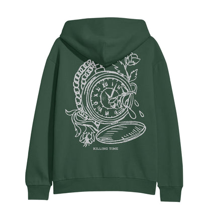 Back of hoodie has a large picture of a pocket watch with 2 flowers around it in a gray color. Below the drawing is printed "KILLING TIME" in same gray color.