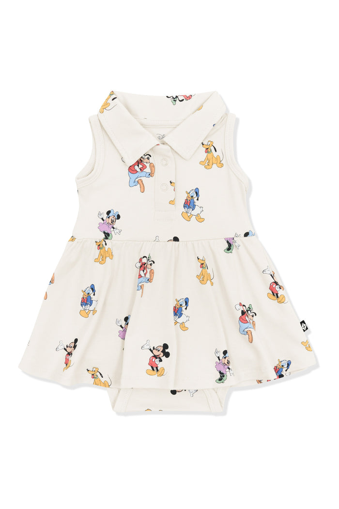 Polo Bodysuit Dress with Mickey Mouse and Friends print on an oat background