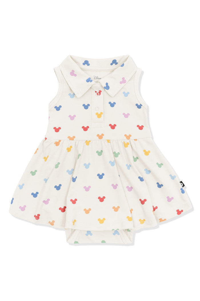Polo Bodysuit Dress with Pastel Mickey Mouse pattern on an oat background