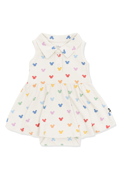 Polo Bodysuit Dress with Pastel Mickey Mouse pattern on an oat background