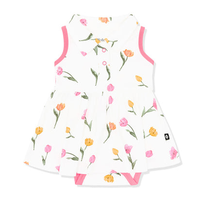 Product photo of the Polo Bodysuit Dress in Tulip shown on a white background