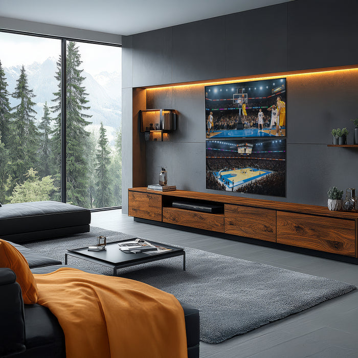 Modern living room with large TVs stacked displaying a basketball game, above a wooden entertainment console.
