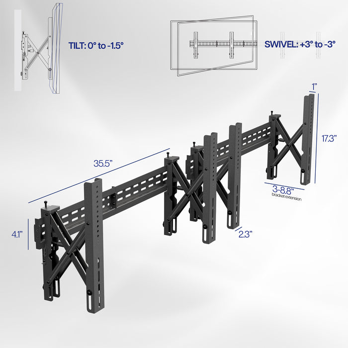 Detailed diagram of a TV wall mount with dimensions and movement ranges on a white background.