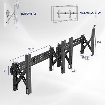 Detailed diagram of a TV wall mount with dimensions and movement ranges on a white background.