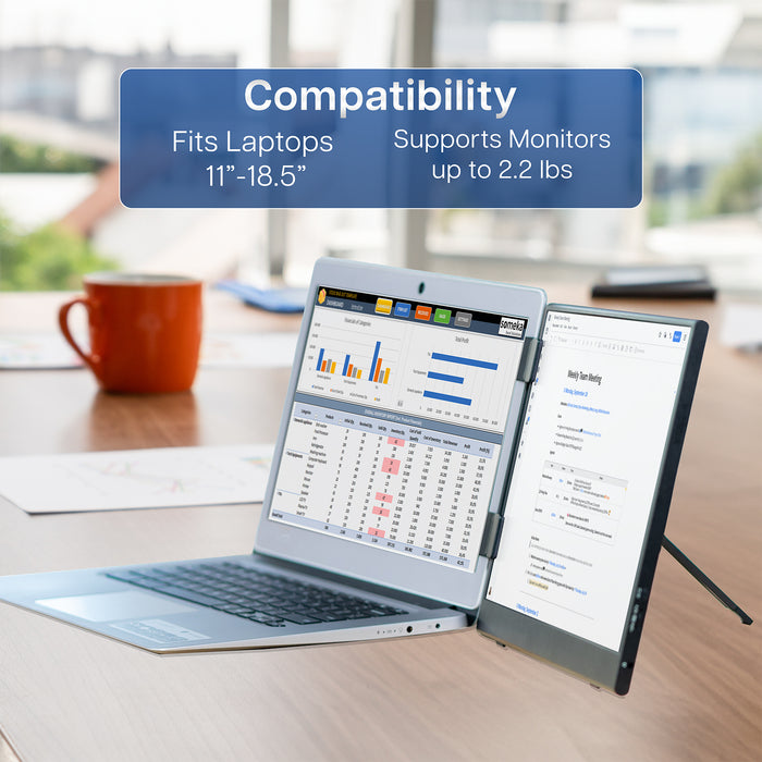 A black portable monitor laptop extension holder with compatibility graphic.