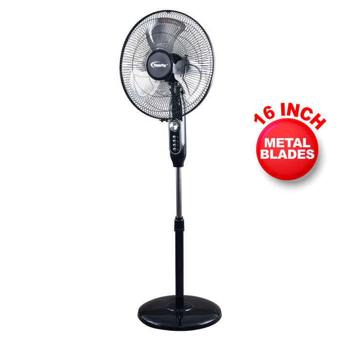 PowerPac 16" Stand Fan – Metal Blades, Powerful Airflow, Adjustable Tilt & Height, Oscillation, Timer, 3-Speed, black, PPFS616
