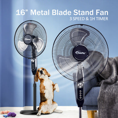 PowerPac 16" Stand Fan – Metal Blades, Powerful Airflow, Adjustable Tilt & Height, Oscillation, Timer, 3-Speed, black, PPFS616