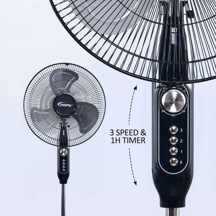 PowerPac 16" Stand Fan – Metal Blades, Powerful Airflow, Adjustable Tilt & Height, Oscillation, Timer, 3-Speed, black, PPFS616