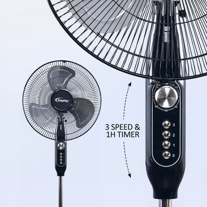 PowerPac 16" Stand Fan – Metal Blades, Powerful Airflow, Adjustable Tilt & Height, Oscillation, Timer, 3-Speed, black, PPFS616