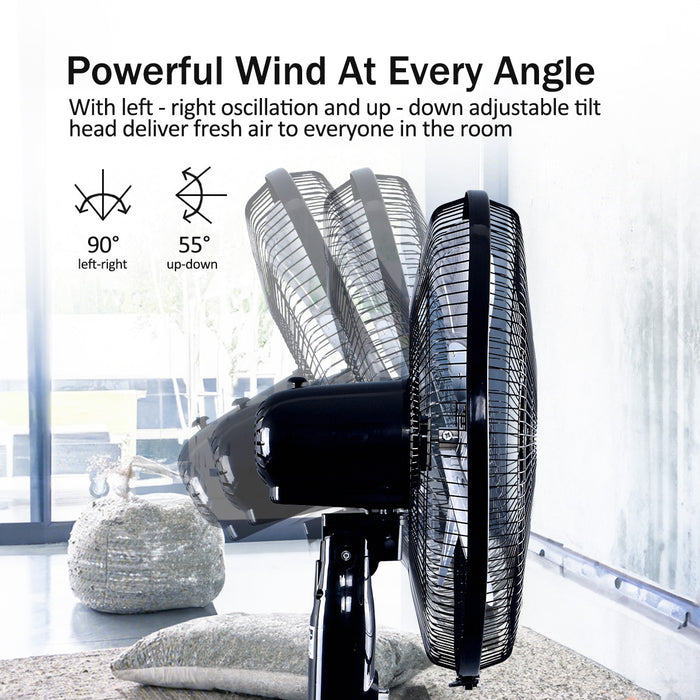 PowerPac 16" Stand Fan – Metal Blades, Powerful Airflow, Adjustable Tilt & Height, Oscillation, Timer, 3-Speed, black, PPFS616