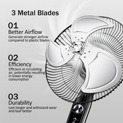 PowerPac 16" Stand Fan – Metal Blades, Powerful Airflow, Adjustable Tilt & Height, Oscillation, Timer, 3-Speed, black, PPFS616