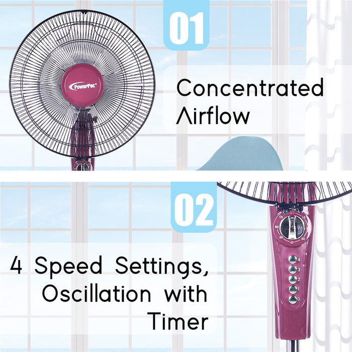 PowerPac 16" Stand Fan – Strong Airflow, Adjustable Tilt & Height, Oscillation, Timer, Durable, Energy-saving, 4-Speed, red, PPFS50