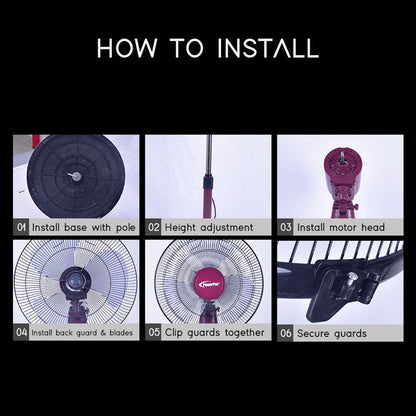PowerPac 16" Stand Fan – Strong Airflow, Adjustable Tilt & Height, Oscillation, Timer, Durable, Energy-saving, 4-Speed, red, PPFS50
