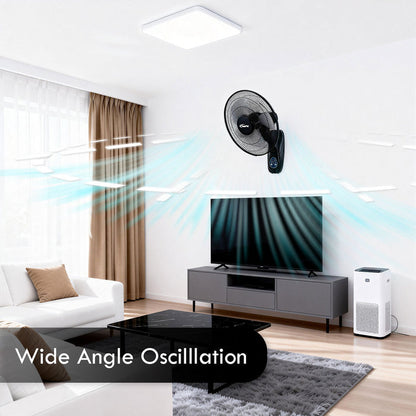 PowerPac 16" Wall Fan – Remote Control, Adjustable Tilt, Wide Oscillation, Safe & Easy Installation, Thermal Protection, 3-Speed, black, PPWF40R