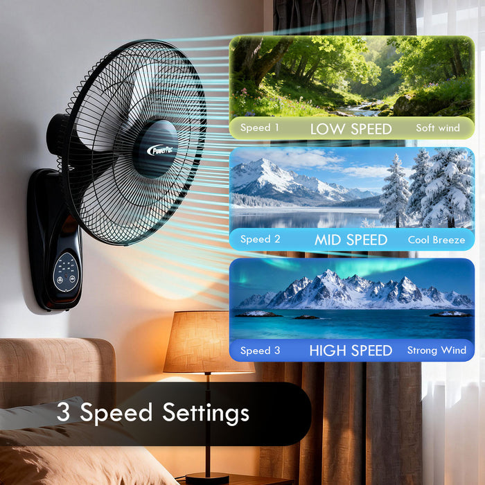 PowerPac 16" Wall Fan – Remote Control, Adjustable Tilt, Wide Oscillation, Safe & Easy Installation, Thermal Protection, 3-Speed, black, PPWF40R