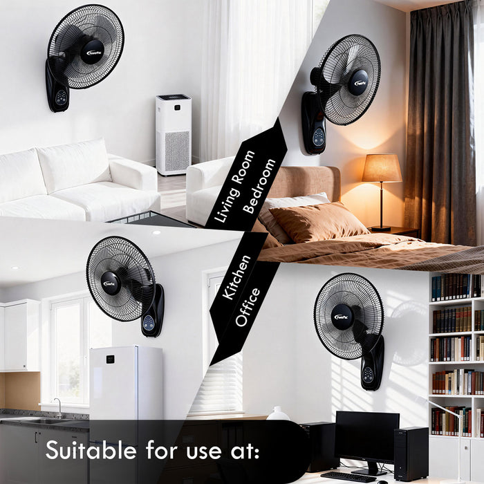 PowerPac 16" Wall Fan – Remote Control, Adjustable Tilt, Wide Oscillation, Safe & Easy Installation, Thermal Protection, 3-Speed, black, PPWF40R
