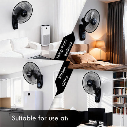 PowerPac 16" Wall Fan – Remote Control, Adjustable Tilt, Wide Oscillation, Safe & Easy Installation, Thermal Protection, 3-Speed, black, PPWF40R