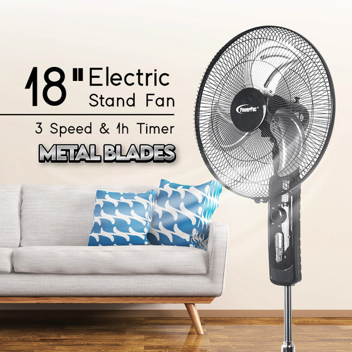 PowerPac 18" Stand Fan – Metal Blades, Powerful Airflow, Adjustable Tilt & Height, Oscillation, Timer, 3-Speed, black, PPFS818