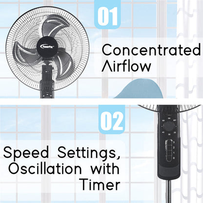 PowerPac 18" Stand Fan – Metal Blades, Powerful Airflow, Adjustable Tilt & Height, Oscillation, Timer, 3-Speed, black, PPFS818