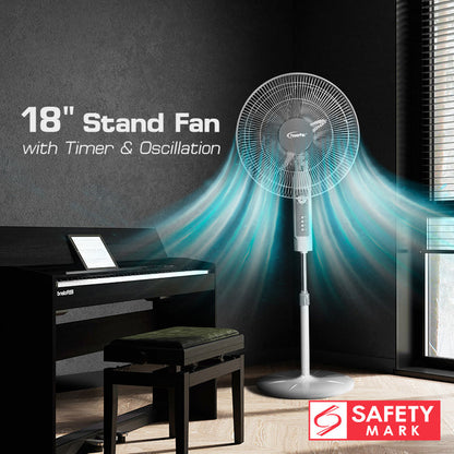 PowerPac 18" Stand Fan – Strong Airflow, Adjustable Tilt & Height, Oscillation, Timer, Durable, Energy-saving, 3-Speed, white, PPFS70
