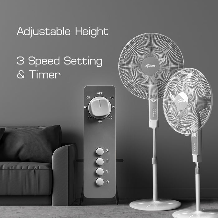 PowerPac 18" Stand Fan – Strong Airflow, Adjustable Tilt & Height, Oscillation, Timer, Durable, Energy-saving, 3-Speed, white, PPFS70
