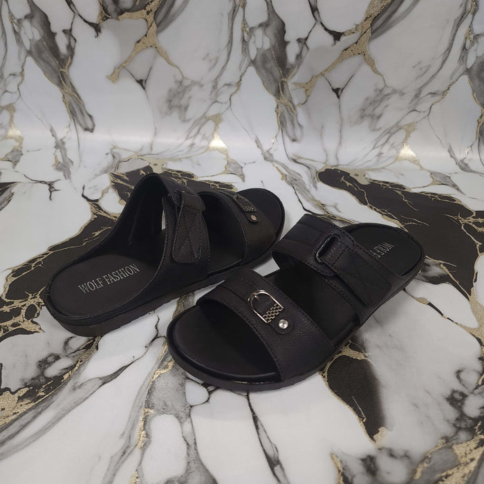 Premium Black Leather Double Strap Slippers - Maha fashions -  Men Footwear