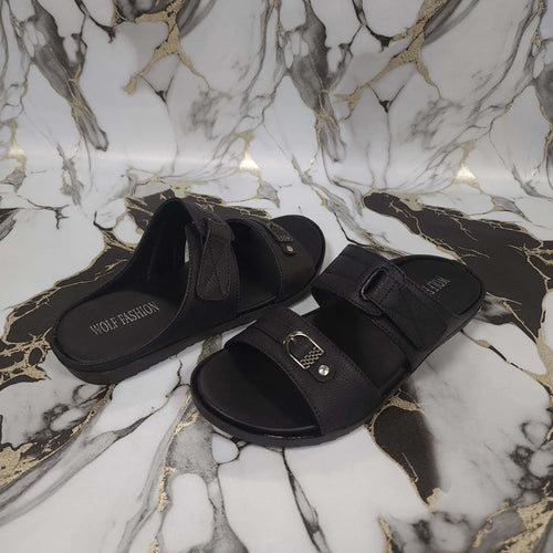 Premium Black Leather Double Strap Slippers - Maha fashions -  Men Footwear