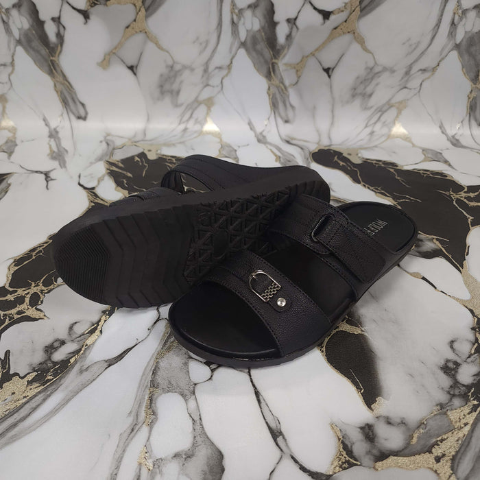 Premium Black Leather Double Strap Slippers - Maha fashions -  Men Footwear
