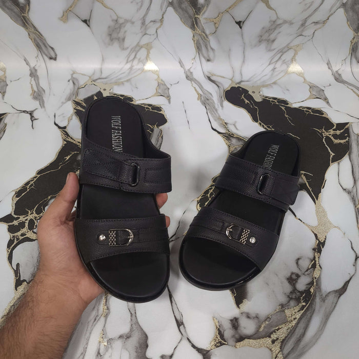 Premium Black Leather Double Strap Slippers - Maha fashions -  Men Footwear