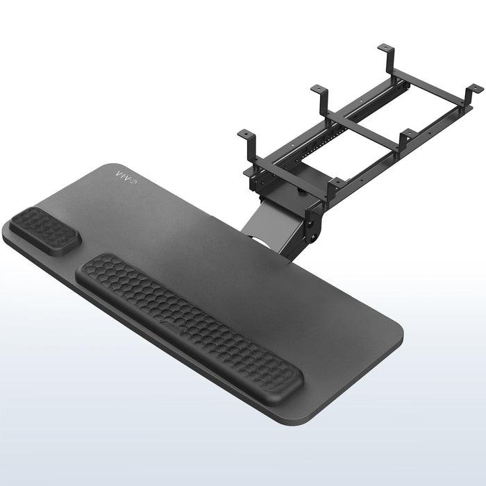 An under desk keyboard tray setup with a black keyboard and mouse on the tray, attached to a metal bracket under the desk.
